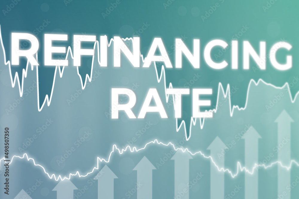 Fototapeta premium Words Refinancing rate on blue finance background. 3D render, soft focus. Global economy concept