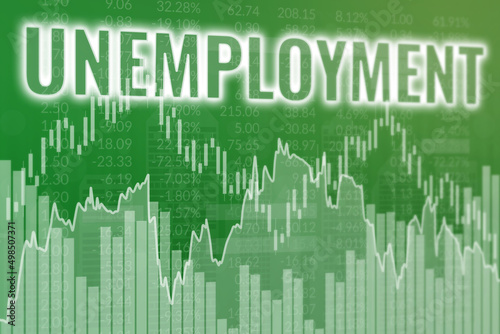 Word Unemployment on green finance background. 3D render, soft focus. Global economy concept