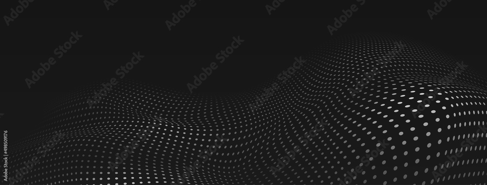 Abstract halftone background with curved surface made of small dots, white on black