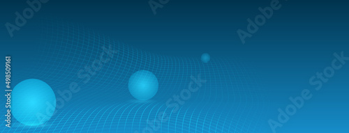 Abstract futuristic background in blue colors with curved mesh surface and several spheres