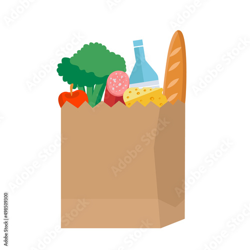 Paper bag with food on isolated white background. Vector illustration. 