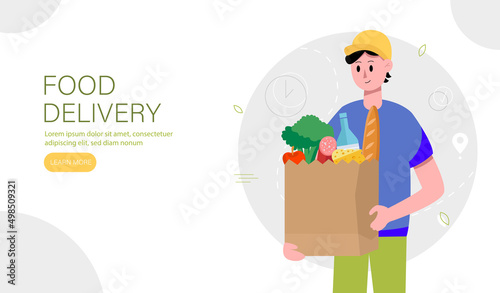 Food delivery landing page template. Fast and free delivery by courier to your home or work. Vector illustration.