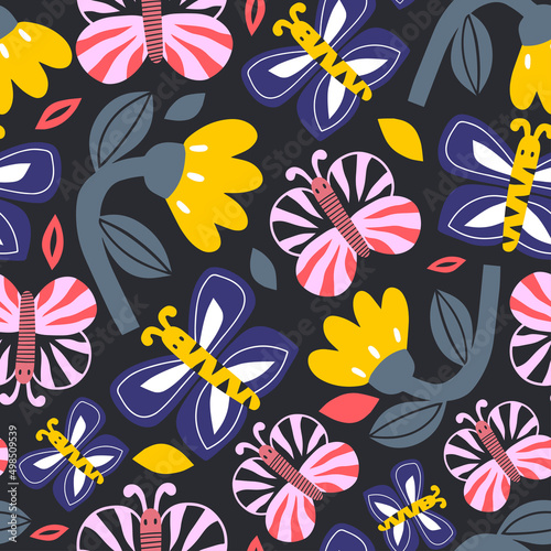 Modern background with flowers and butterflies in modern floral style. Vector...