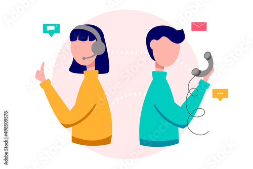 Male and female call center operators. Customer service, online and phone consultation. flat style illustration.