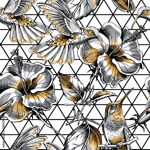 Seamless pattern with image gold Hummingbird and Hibiscus flowers on a geometric background. Vector illustration.