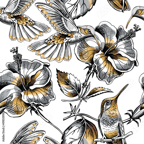 Seamless pattern with image gold Hummingbird and Hibiscus flowers on a white background. Vector illustration.