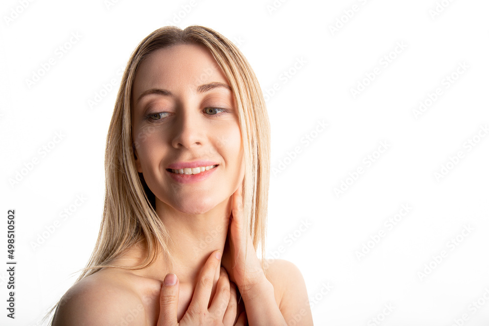 Beautiful woman shoulder cropped portrait with copy space.