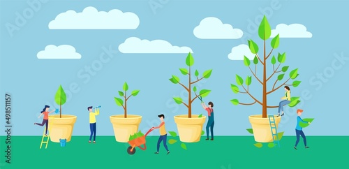 Life Cycle, Time line and growth metaphor, grow stages of Tree from Seed to Large Plant, Small people are watering plants in pots. Colorful cartoon style flat vector illustration.