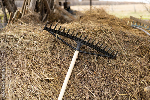 the rake lies on the hay with selective focus