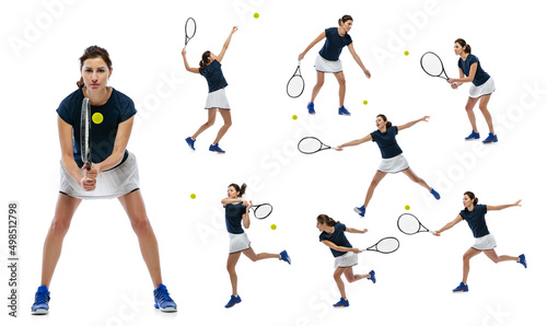 Set of portraits of active young woman, tennis player in motion, training isolated over white studio background