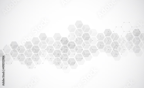 Hexagons pattern on gray background. Genetic research, molecular structure. Chemical engineering. Concept of innovation technology. Used for design healthcare, science and medicine background