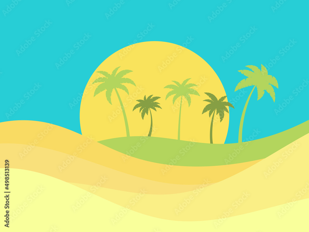Palm trees on the background of the desert. Summer time. Tropical landscape in flat style. Wavy desert landscape. Design for banners, posters and promotional items. Vector illustration
