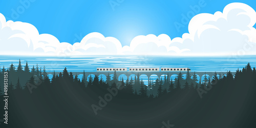 Mountain and sea scenery cartoon illustration with bridge for train.