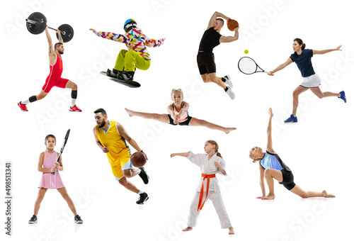 Set of portraits of young people and children doing different sports, training isolated over white studio background © master1305