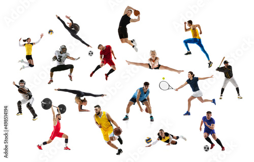 Set of dynamic portraits of young people and children doing different sports, training isolated over white studio background. Sportive lifestyle © master1305