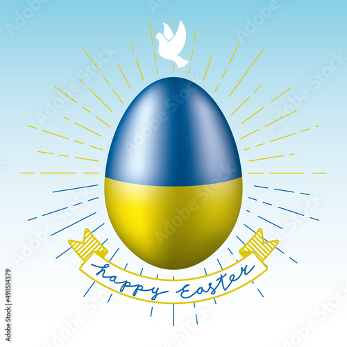 Happy Easter Peaceful Concept with Colored Easter Egg Dove Peace Symbol over It Sunburst and Hand Drawn Logo Lettering on Ribbon - National Colors of Ukraine on Blue Background - Mixed Graphic Design