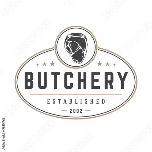 Butchery shop logo template vector object for logotype or badge design. Trendy retro style illustration, meat steak silhouette.