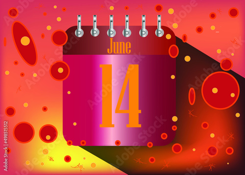 14 June. Calendar icon for the days of the month with fire and hot flames