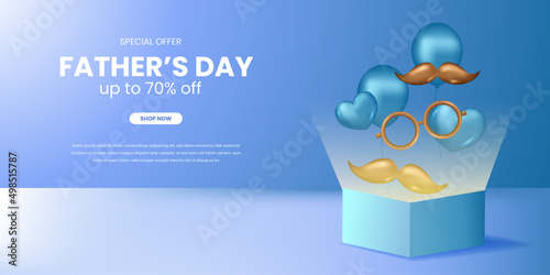Love Dad sale promotion banner father day with open surprise gift box with 3d blue hearth shape and golden mustache
