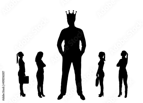 Vector silhouette of a big man with a crown and four small women near him.