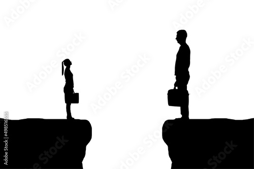 Silhouette vector of the workers, the big man and the little woman between them is a abyss.