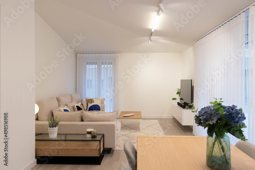 Living room of attic floor with modern and minimalist style. wood  white  beige