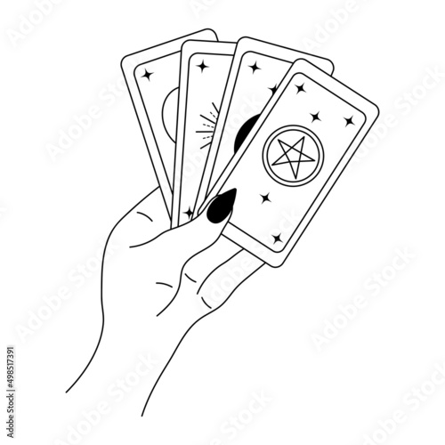 Female hand holding tarot cards. Magic symbol of fortune-telling and prediction. Vector illustration.