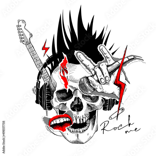 Collage in a Rock Culture style. Human skull in headphones with a red rose bud, lips, lightning, pin, guitar, hand with microphone. Vector illustration.