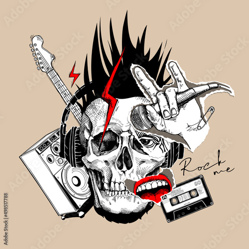 Collage in a Rock Culture style. Human skull in headphones with a eye, lips, lightning, pin, guitar, hand with microphone,  musical speaker, audio cassette. Vector illustration.
