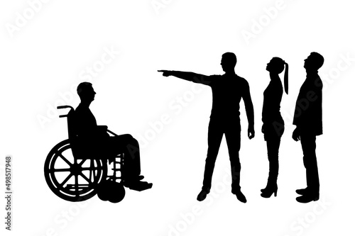 Silhouette vector. Crowd of people makes it clear to an invalid in a wheelchair that he must walk away