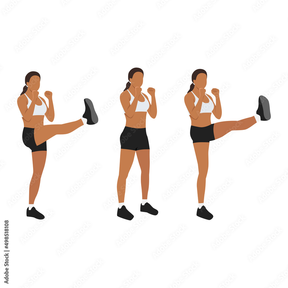 Woman doing High kicks exercise. Flat vector illustration isolated on white background
