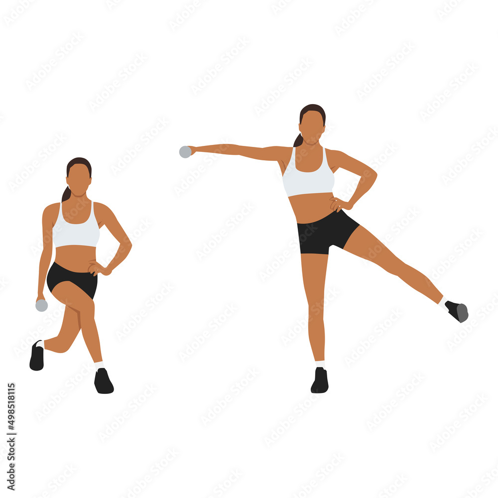 Woman doing Curtsy lunge side kick lateral raise exercise. Flat vector illustration isolated on white background