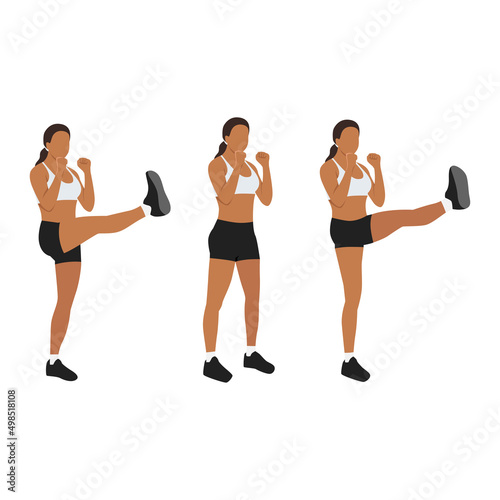 Woman doing High kicks exercise. Flat vector illustration isolated on white background