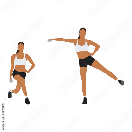 Woman doing Curtsy lunge side kick lateral raise exercise. Flat vector illustration isolated on white background