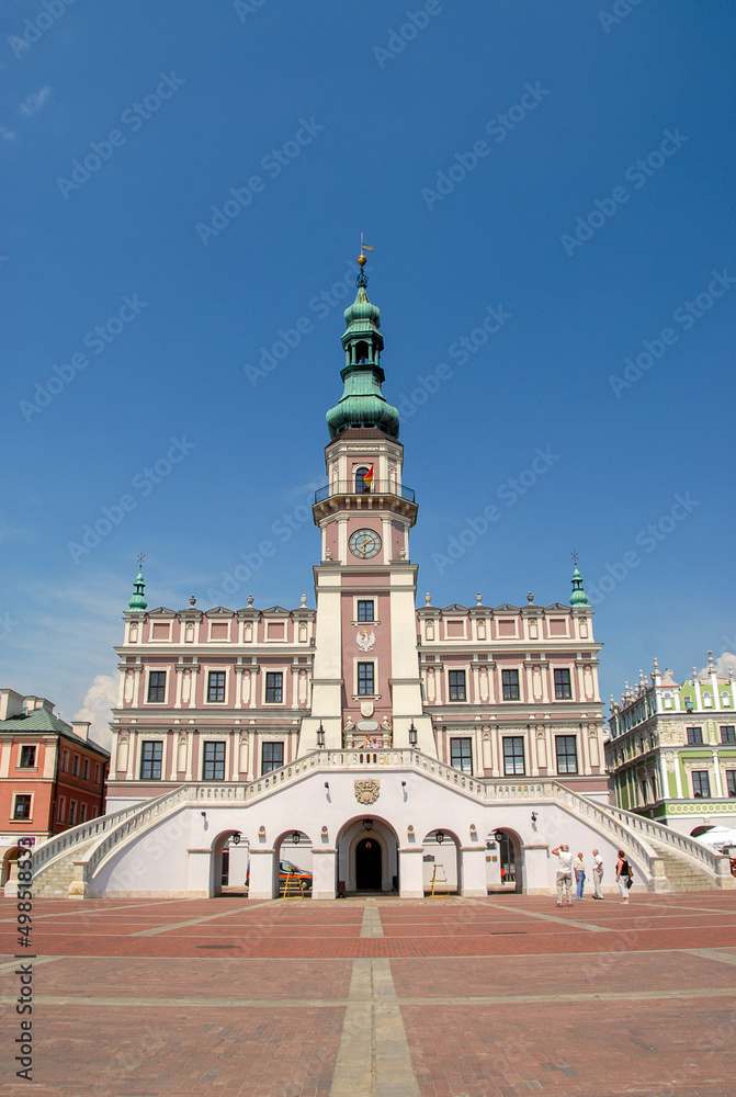 Zamosc, Poland - May 2010: View of the city center on a sunny day, City Hall