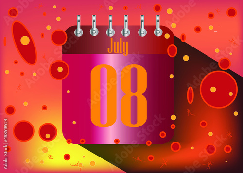 8 July. Calendar icon for the days of the month with fire and hot flames