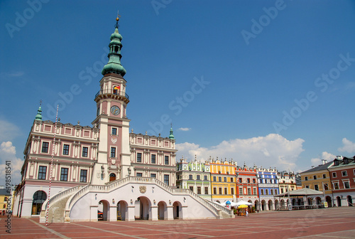 Zamosc, Poland - May 2010: View of the city center on a sunny day, City Hall