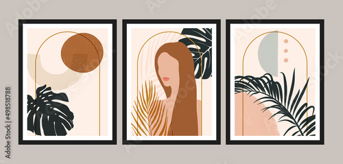 Mid century modern art print, set of 3. Gallery wall tropical printable art. Boho style interior decor.