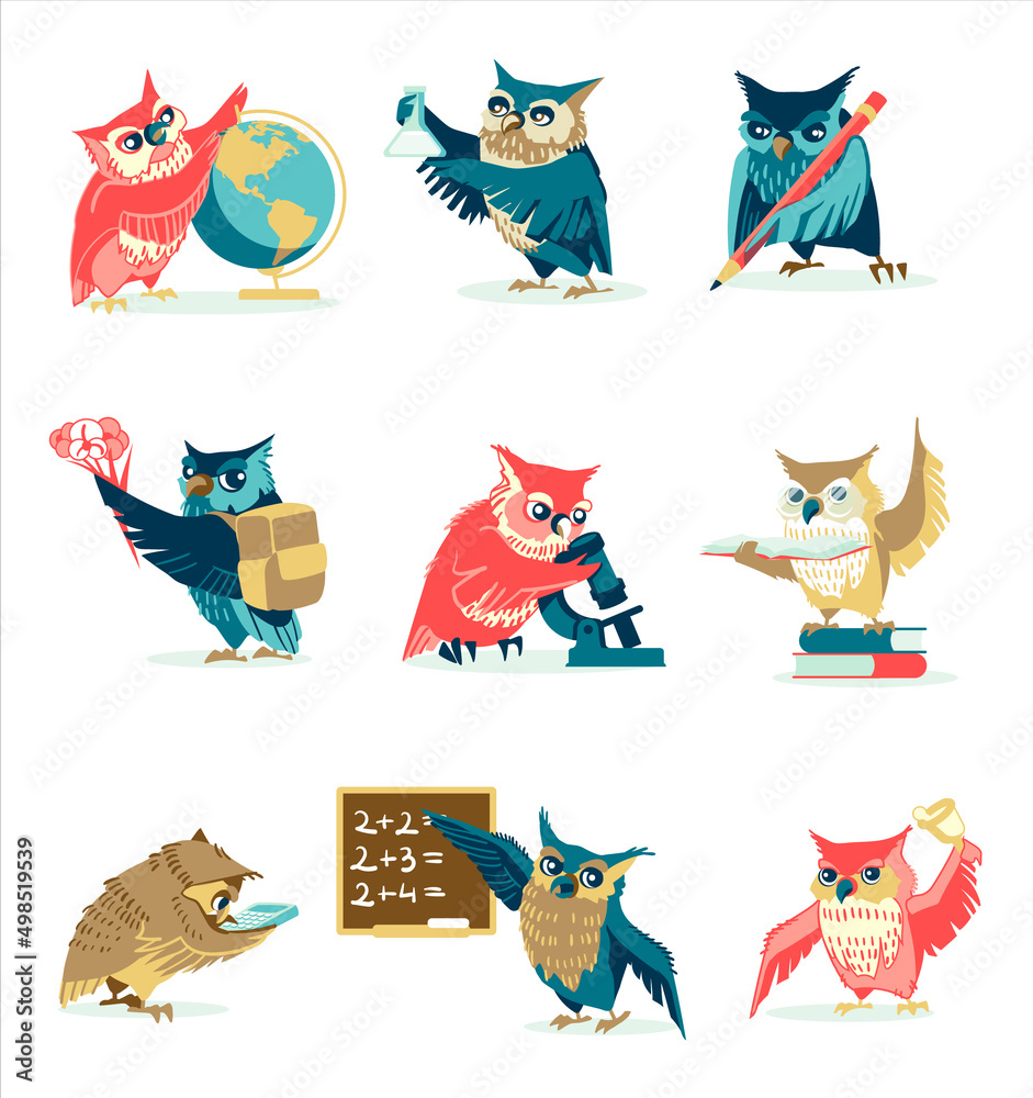 Wise owls studying school subjects set. Clever birds teachers characters teaching students, doing scientific research and experiments. Back to school, education concept cartoon vector illustration