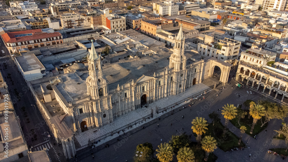 Aerial view of the Cathedral of Arequipa in the city of Arequipa.