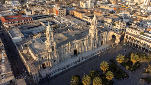 Aerial view of the Cathedral of Arequipa in the city of Arequipa.