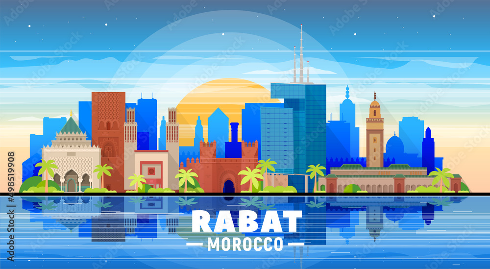 Rabat, ( Morocco) city skyline vector illustration sky background. Business travel and tourism concept with modern buildings. Image for presentation, banner, website.