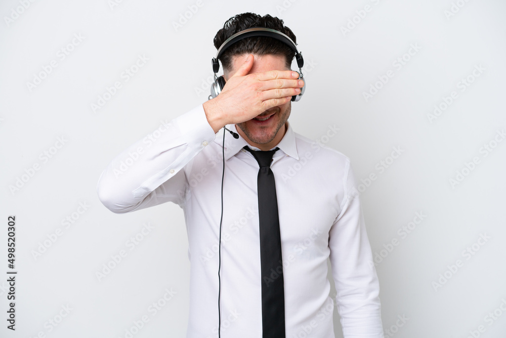 Telemarketer caucasian man isolated on white background covering eyes by hands. Do not want to see something Telemarketer caucasian man isolated on white background covering eyes by hands. Do not want to see something