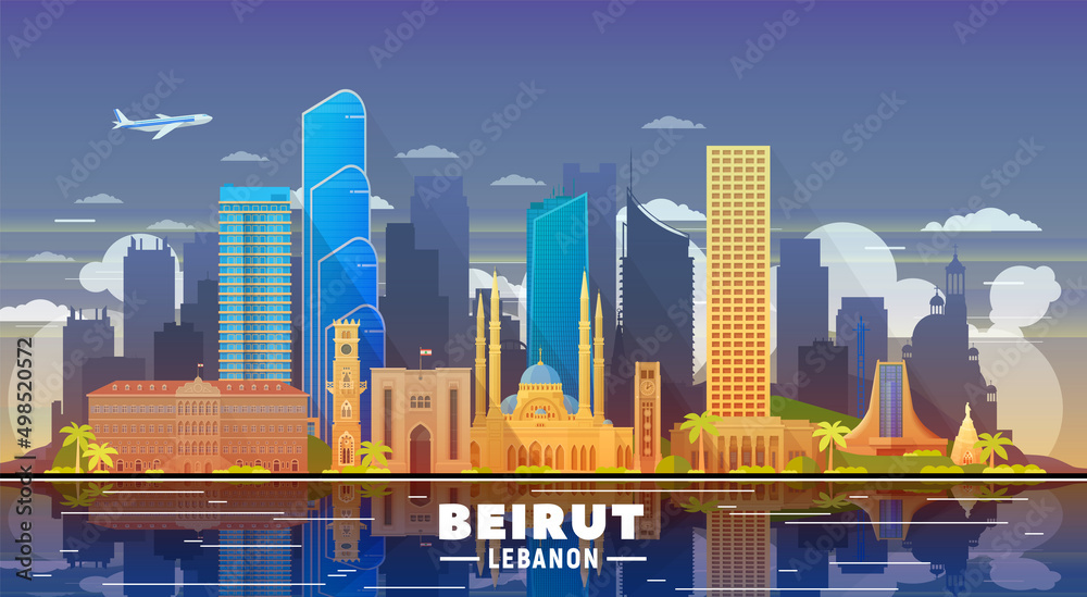 Beirut Lebanon skyline with panorama in evening sky background. Vector Illustration. Business travel and tourism concept with modern buildings. Image for banner or website.