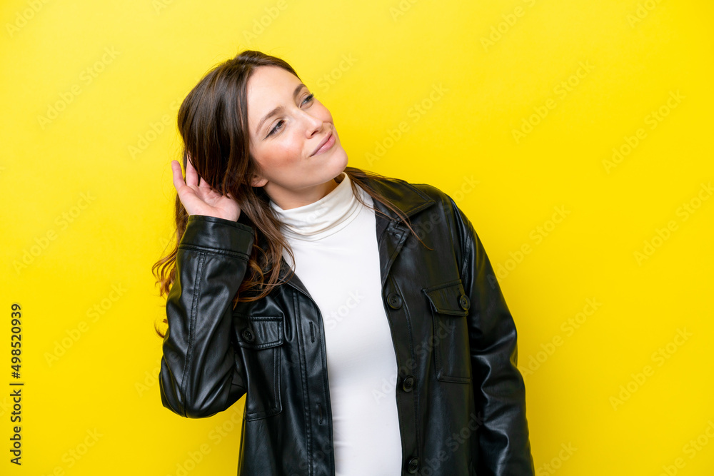 Young caucasian woman isolated on yellow background thinking an idea Young caucasian woman isolated on yellow background thinking an idea
