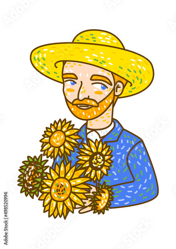 Cartoon portrait of Dutch artist Vincent Van Gogh in a straw hat 2