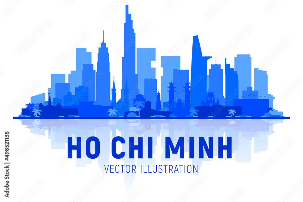 Ho Chi Minh City (Vietnam) skyline silhouette with panorama on white background. Vector Illustration. Business travel and tourism concept with modern buildings. Image for banner or website.