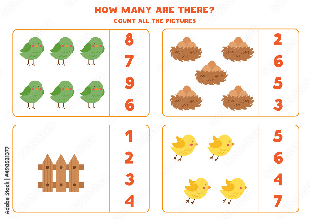 Counting game for kids. Count all birds and match with numbers. Worksheet for children.
