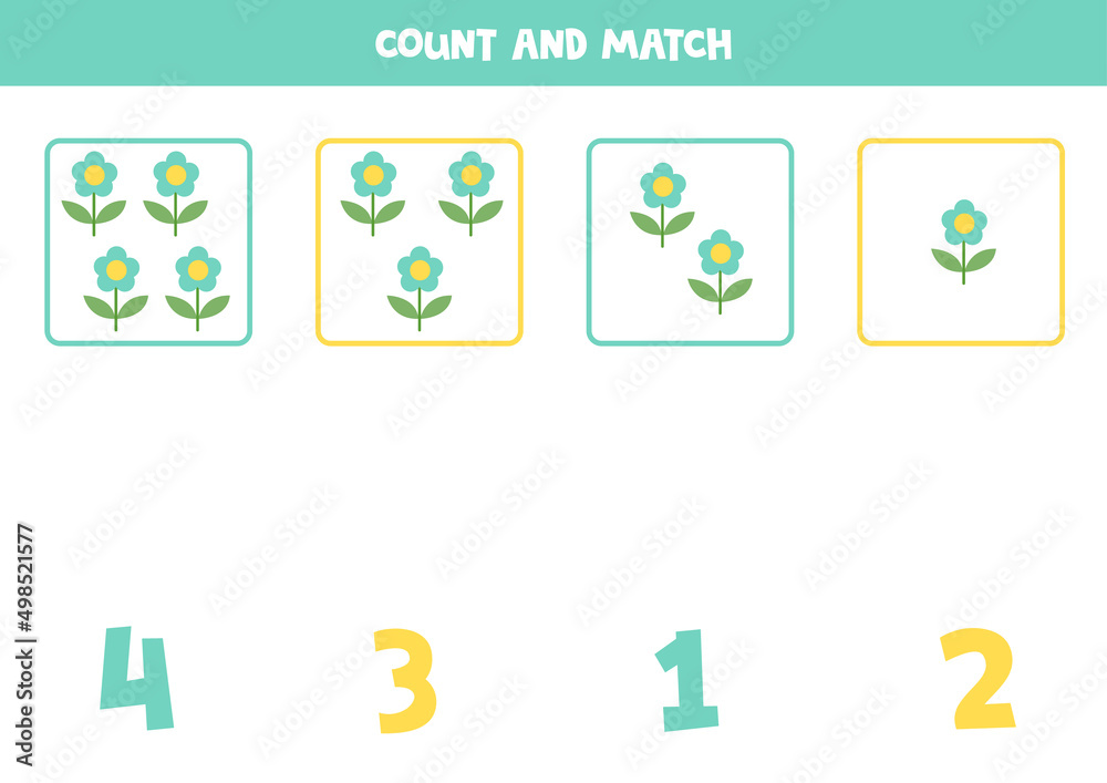 Counting game for kids. Count all flowers and match with numbers. Worksheet for children.