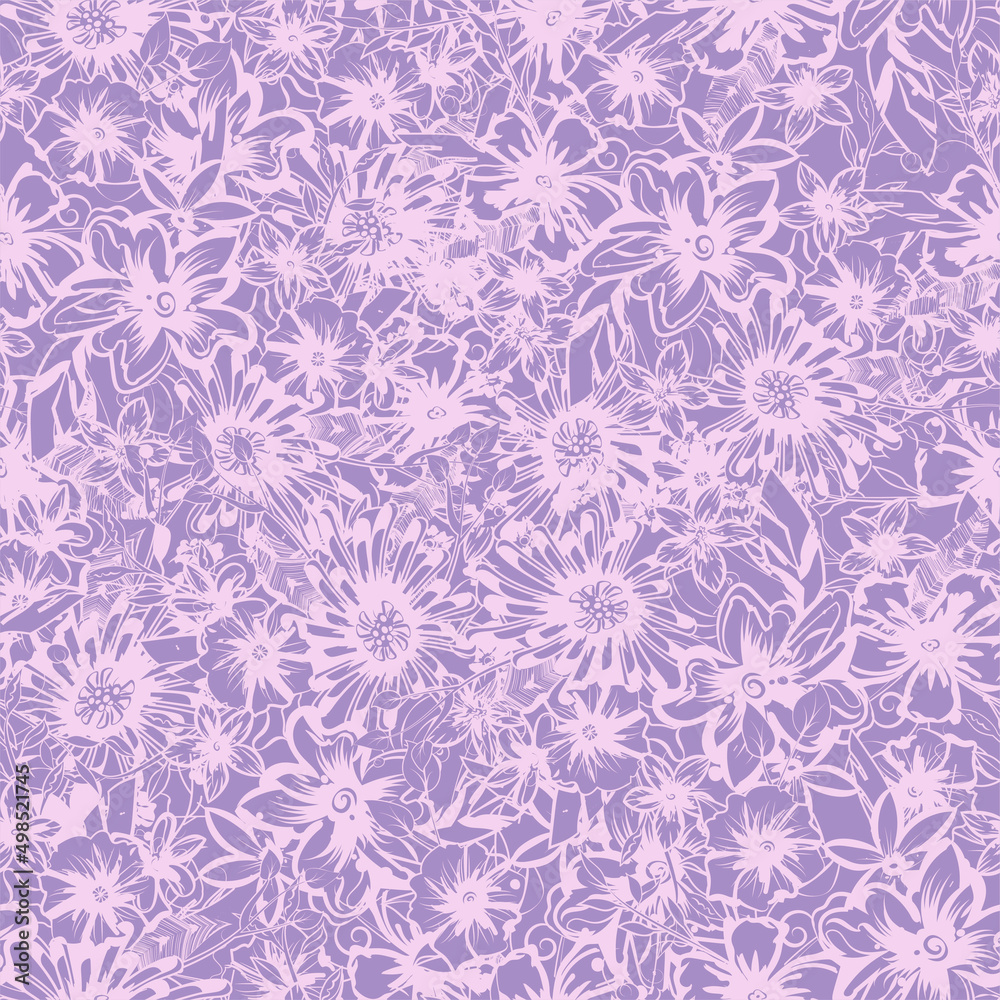 Seamless background Hand drawn sketch flowers and leaves. Gray flower on white backdrop with vectored sheets. White silhouettes of flowers, flowers and herbs isolated on purple background. Seamless background Hand drawn sketch flowers and leaves. Gray flower on white backdrop with vectored sheets. White silhouettes of flowers, flowers and herbs isolated on purple background.